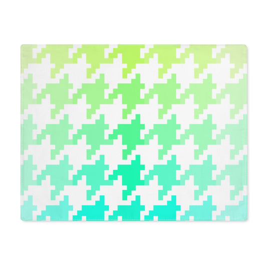 Houndstooth Fun in Green and Aqua- Cotton Twill Placemat, Creamy White Fabric Background