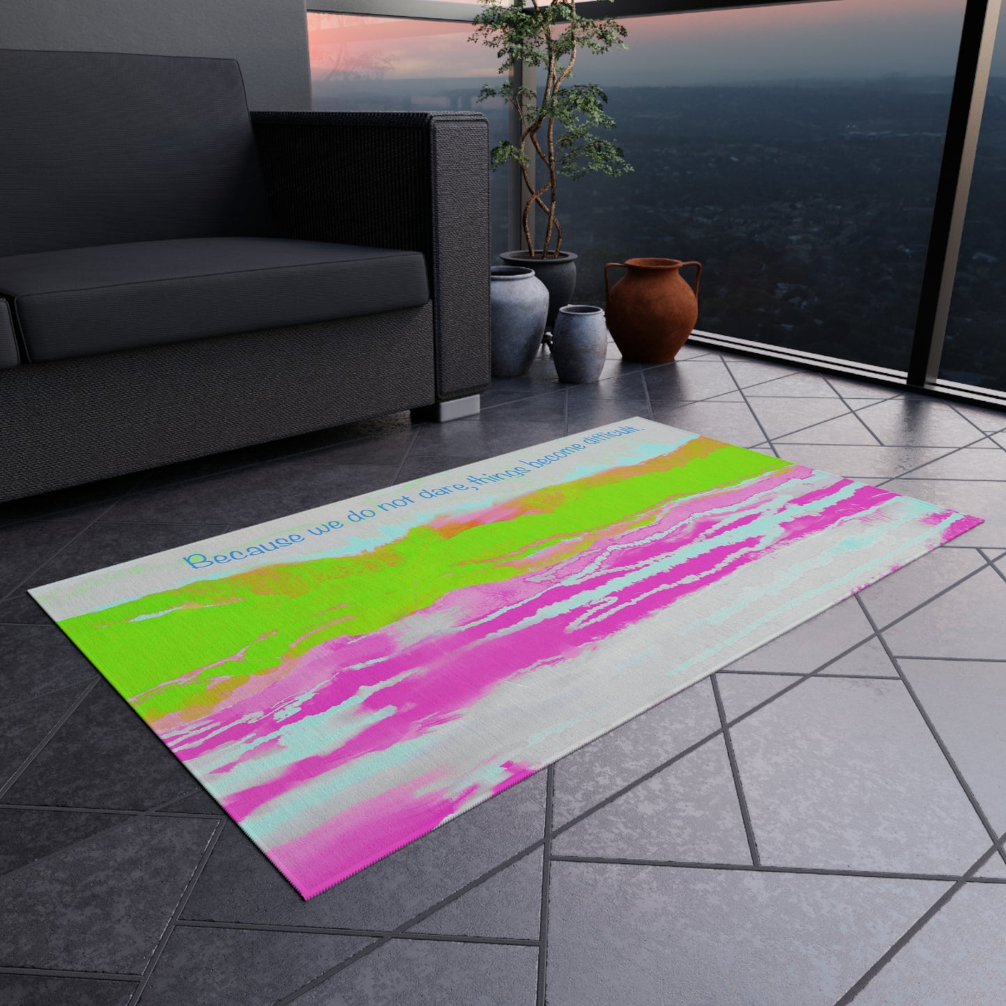 Inspirational Landscapes Indoor/Outdoor Rug "Because We Do Not Dare, Life Becomes Difficult" Green and Raspberry