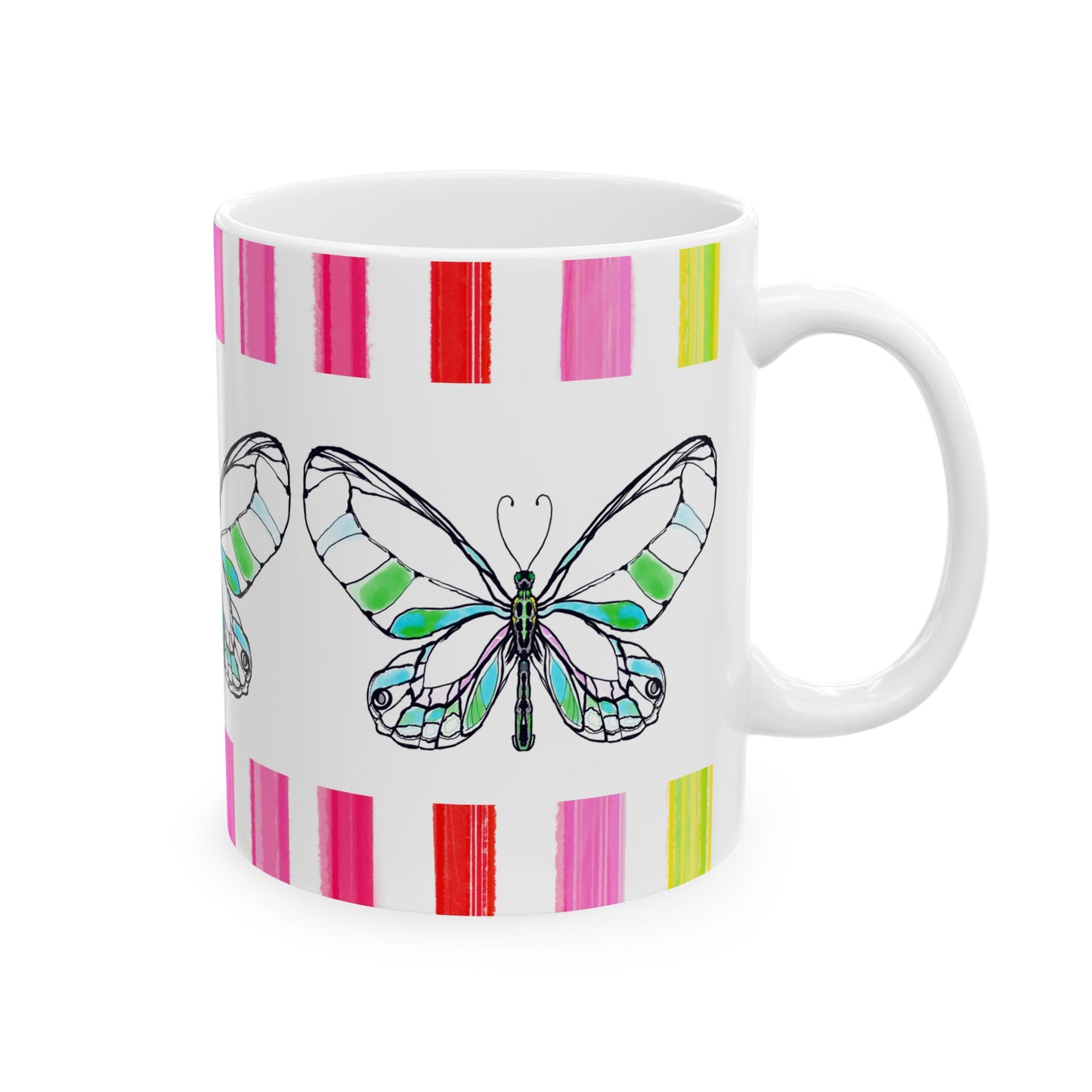 Butterfly Rainbow Stripe Ceramic Mug in Green with Multi-color Striped Border, (Available in 2 sizes 11oz and 15oz)