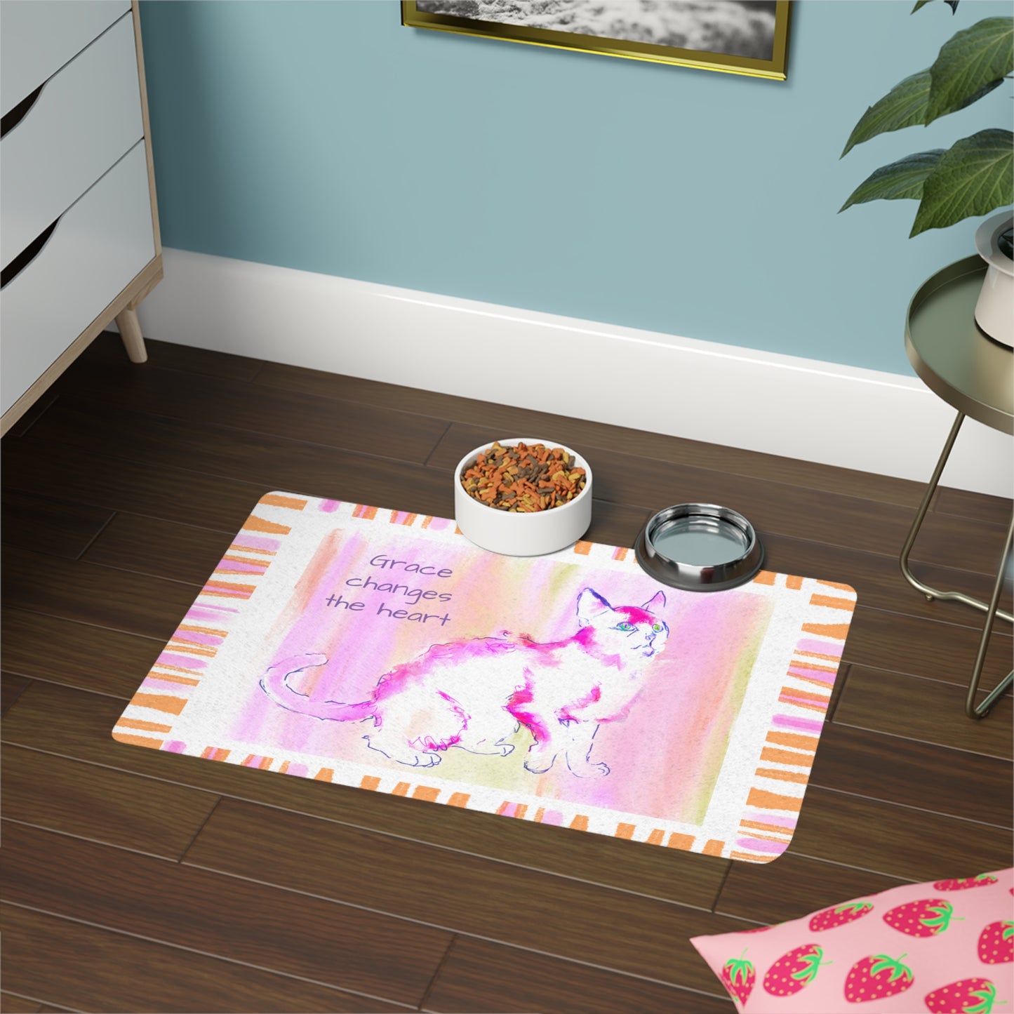 Kitty Fun and Wisdom Pet Food Mat in Pink, "Grace changes the heart"
