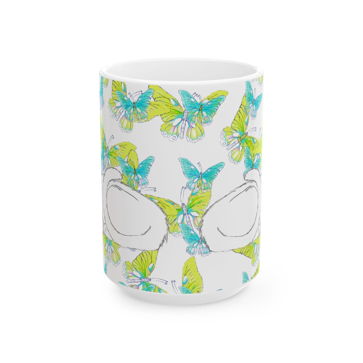 Kitty Flutter Ceramic Mug, Aqua/Lime, (11oz, 15oz)
