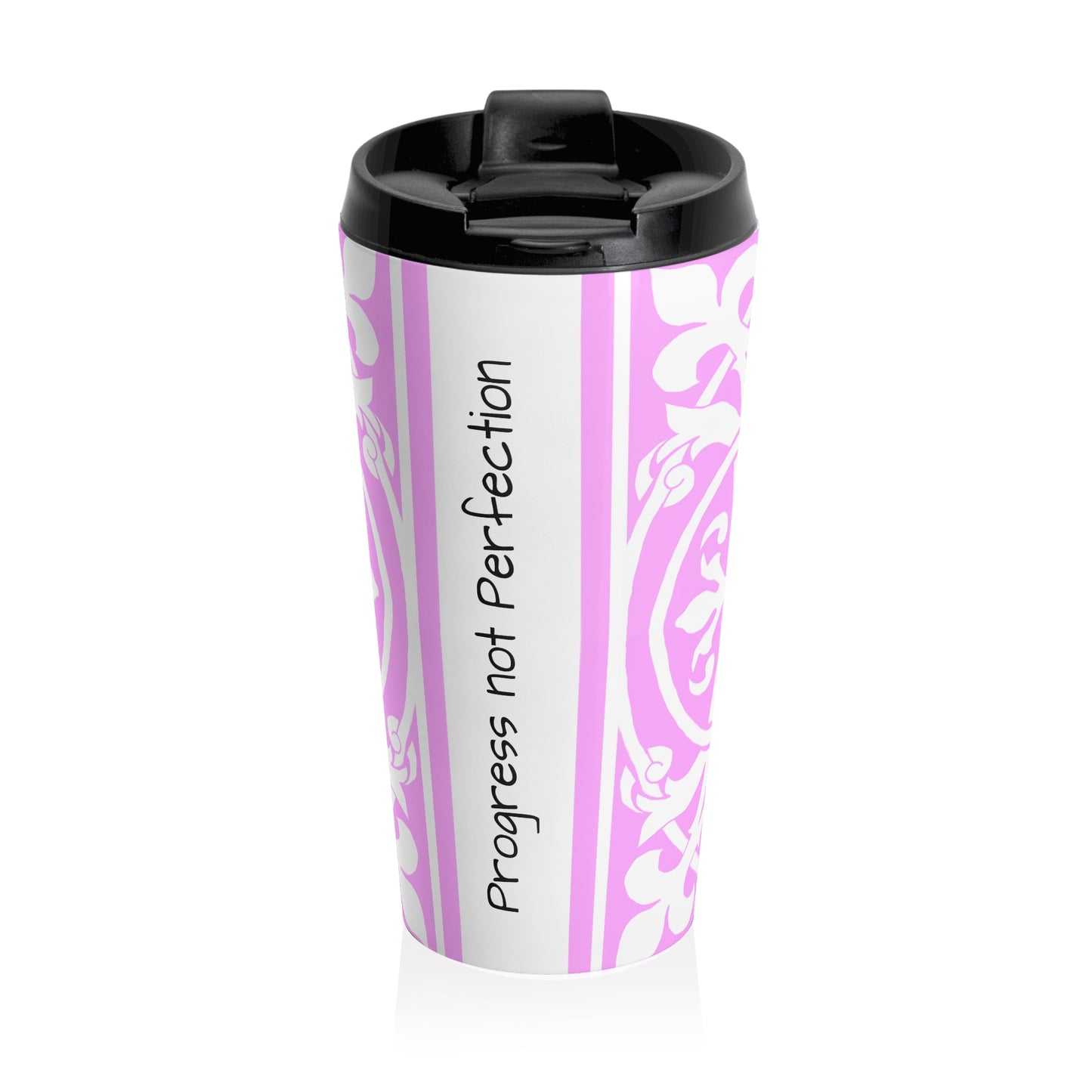 Scrollwork Stainless Steel Travel Mug "Progress not perfection"