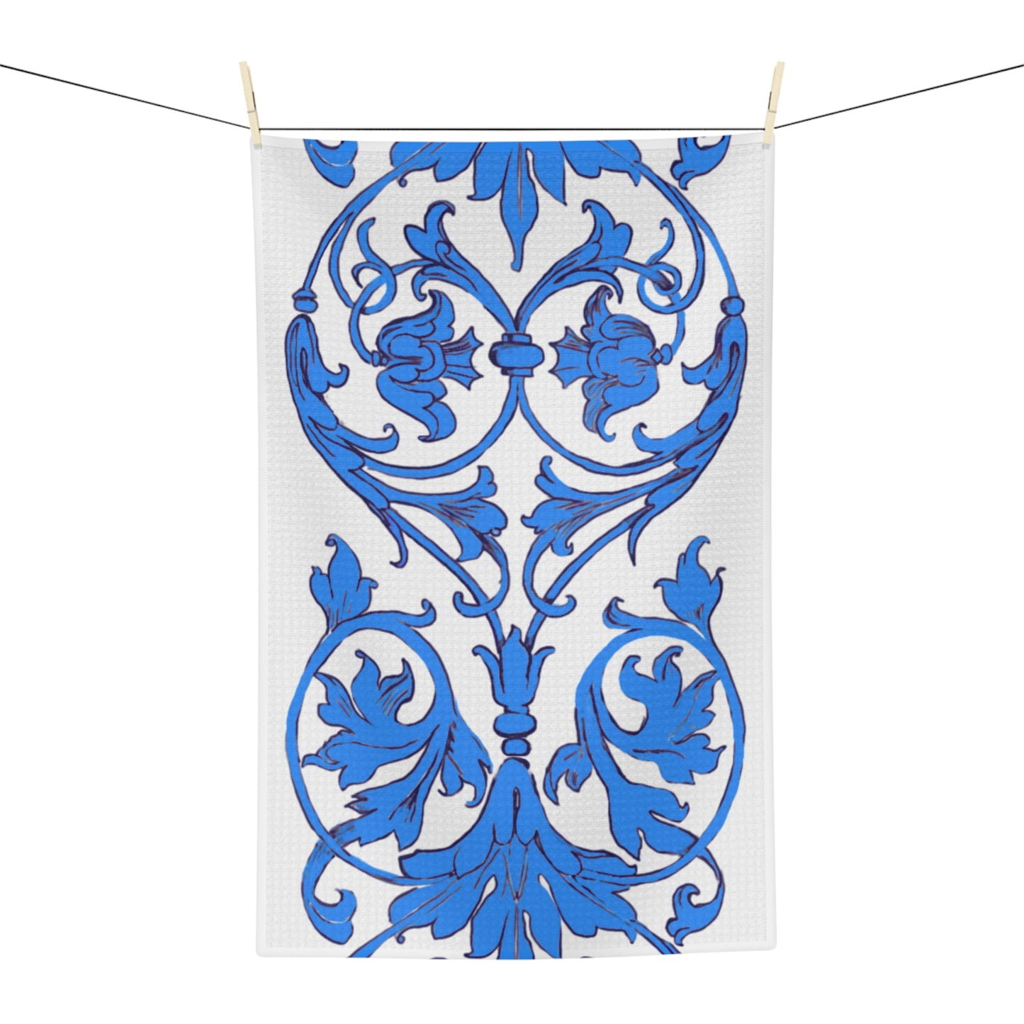 Dish Towels Microfiber Hand Drawn Scrollwork Blue