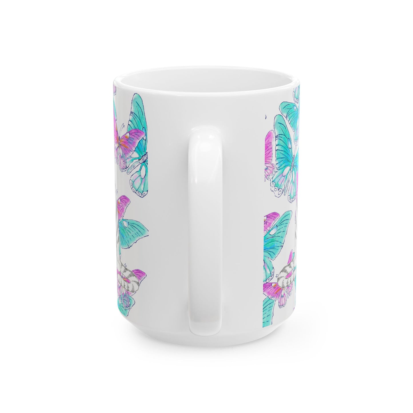 Kitty Flutter Ceramic Mug, Pink/Aqua, (11oz, 15oz)