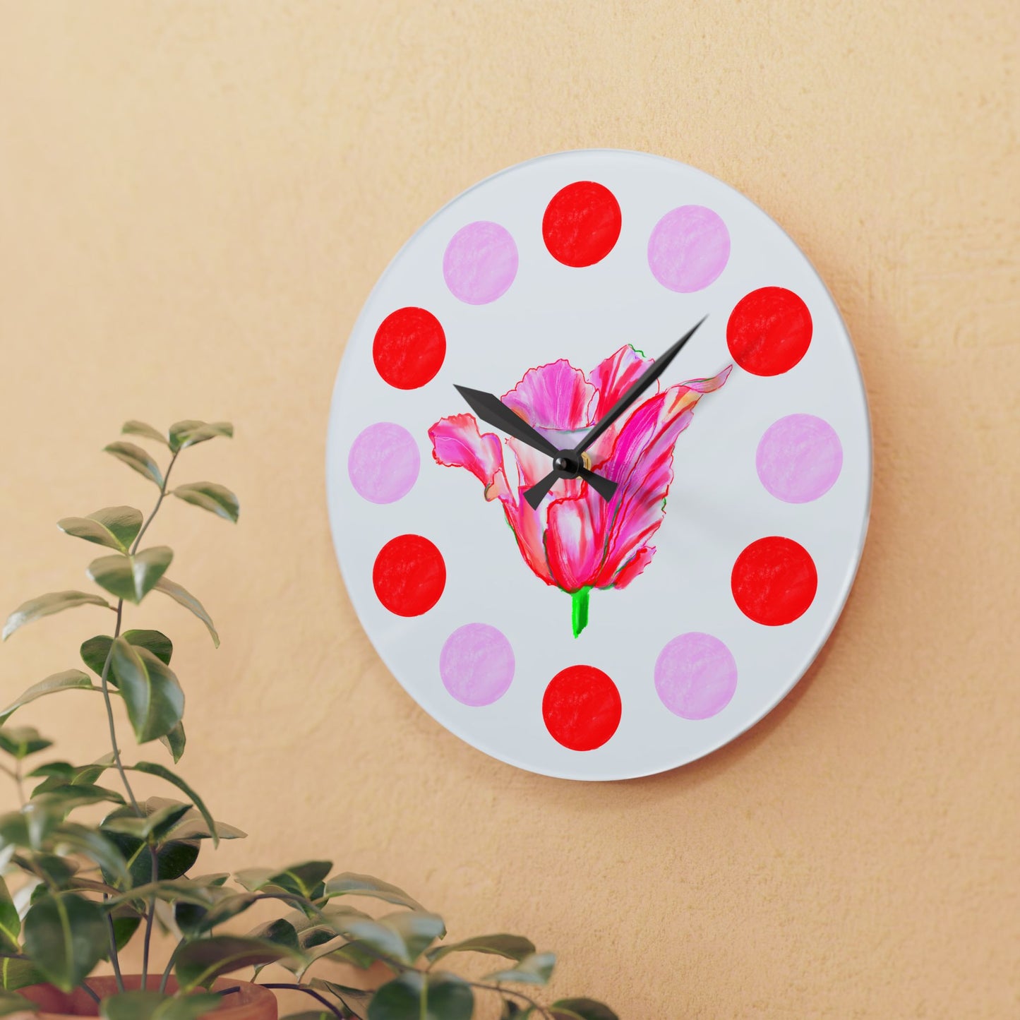 Tulip Love Acrylic Wall Clock, Pink and Red Polka Dots Tulip