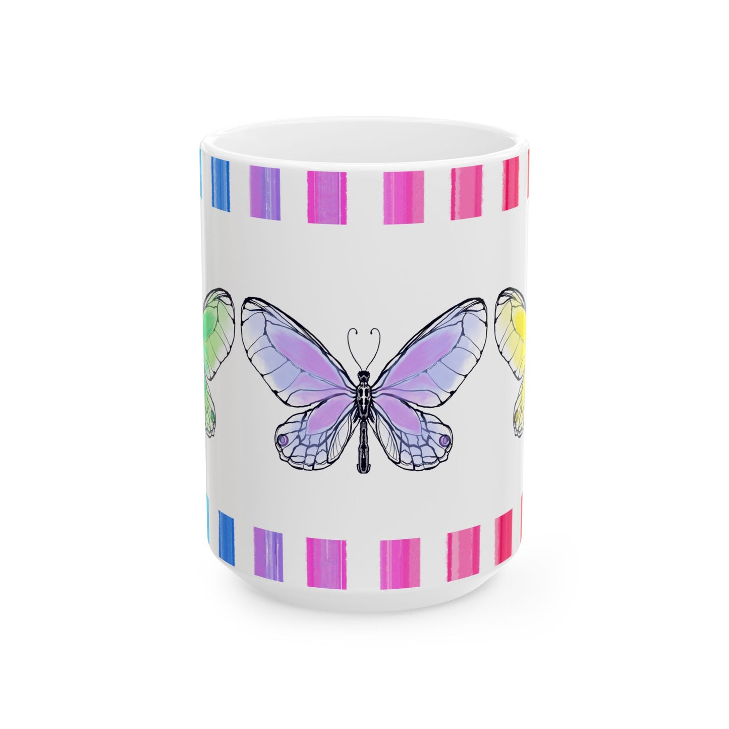 Butterfly Rainbow Stripe Ceramic Mug in Lavender, Yellow, and Green with Multi-color Striped Border, (Available in 2 sizes 11oz and 15oz)