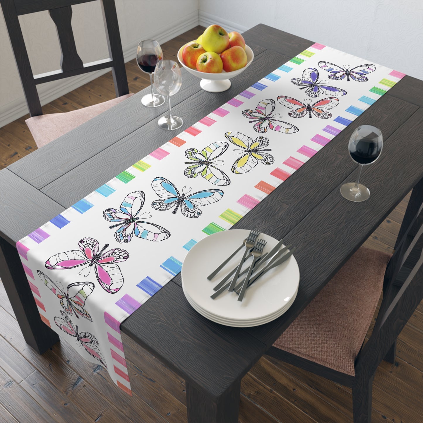 Butterfly Flutterstripe Table Runner in Multi-color with Checked Border 1 size ( 16" Γ 72") available in Cotton "creamier" & Polyester "whiter"