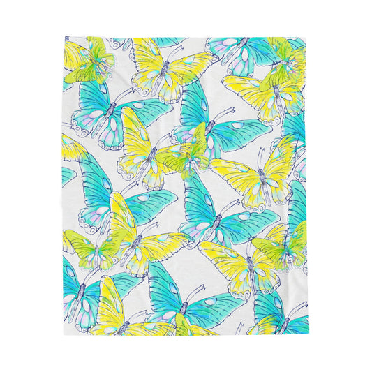 Butterfly Swing Velveteen Plush Blanket, Aqua and Yellow. 50"x 60", 60"x80"