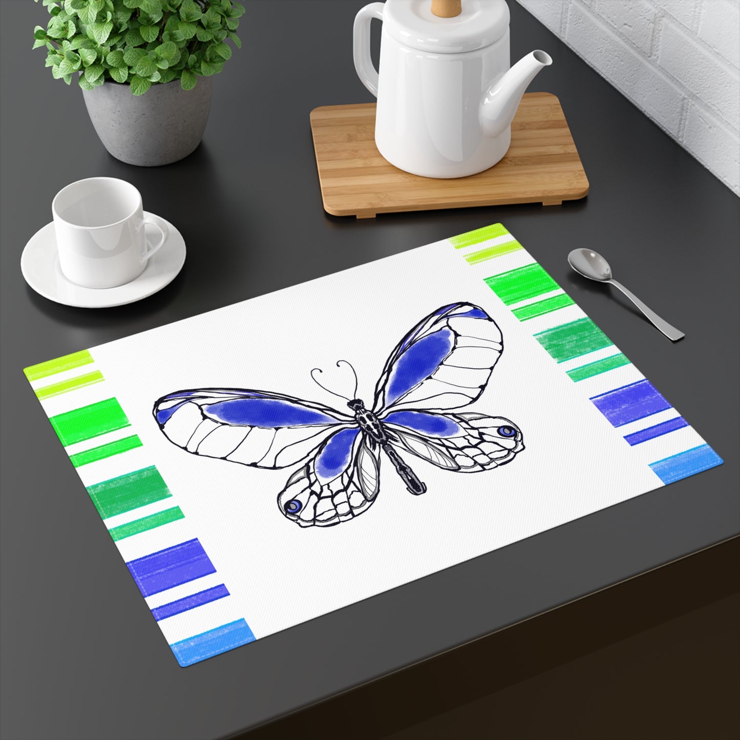 Butterfly Flutterstripe Placemat in Royal Blue with Multi-color Stripe Border (1 pc) cotton