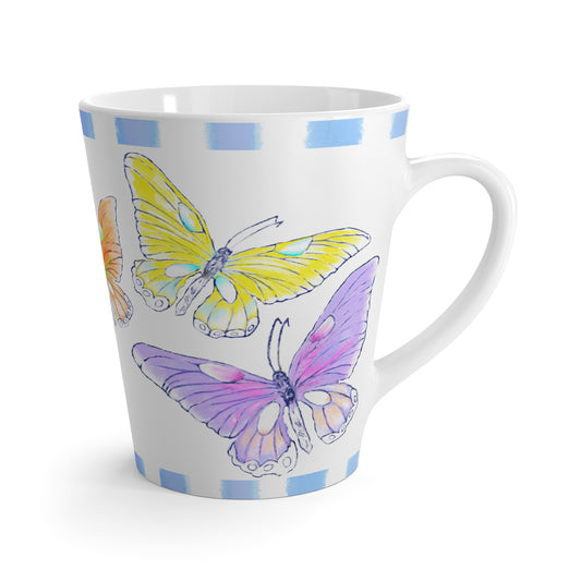 Butterfly Swing  Latte Mug Aqua, Lilac, Pink , Orange, Yellow Butterflies, Blue Stripe
