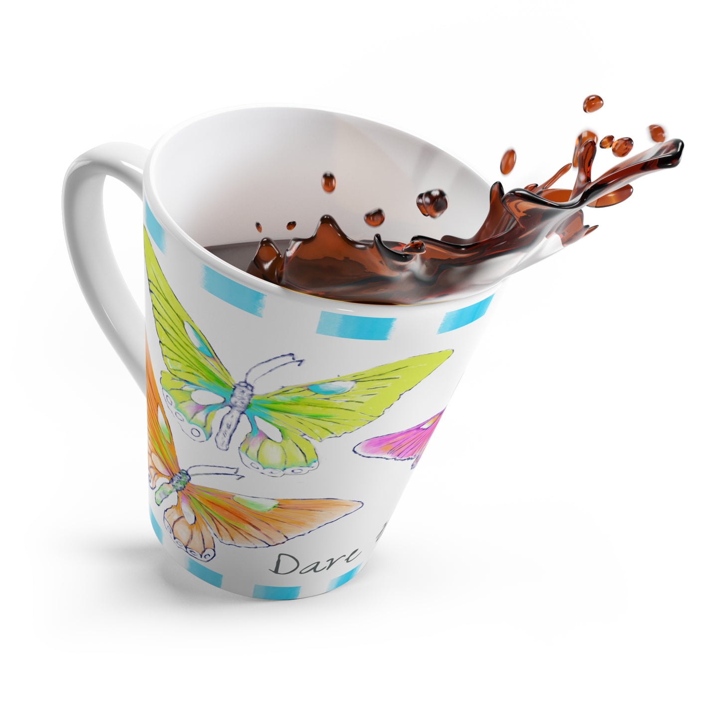 Butterfly Swing Latte Mug Aqua, Pink, Orange, Yellow Butterflies, Aqua Stripe “Dare to Live”