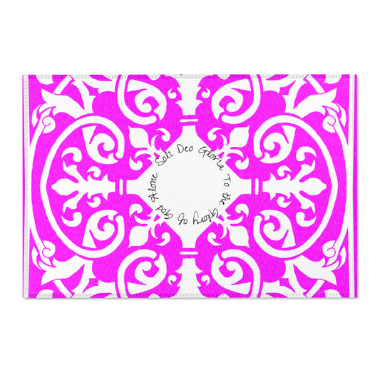 Scrollwork Indoor/Outdoor Rug Raspberry "Soli Deo Gloria..."