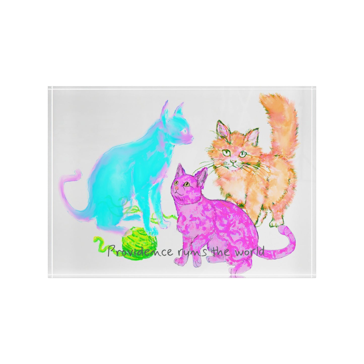 Colorful Cats & Dogs Acrylic Art Block 3 Cats Aqua, Pink, Green- Providence runs the world