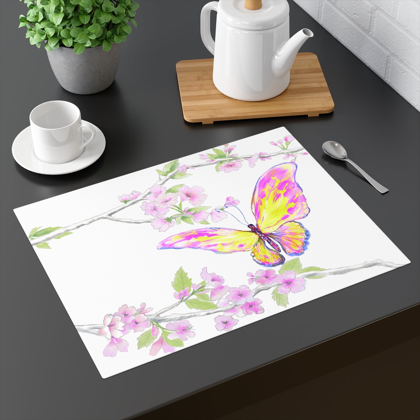 Butterfly Blossom Glide Cotton Twill Placemat, Creamier White, 1pc Yellow, #4
