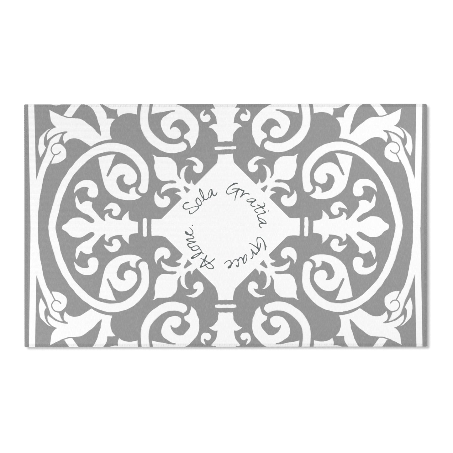 Scrollwork Indoor/Outdoor Rug Gray "Sola Gratia..."