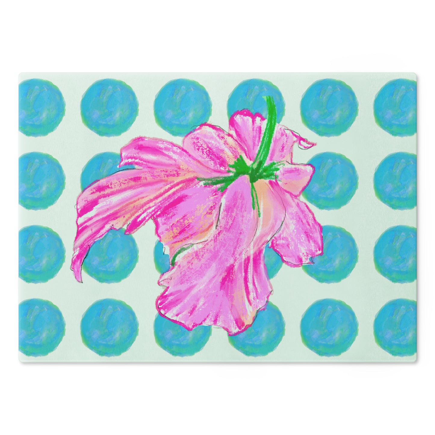 Dancing Tulips Cutting Board, Aqua Polka Dots