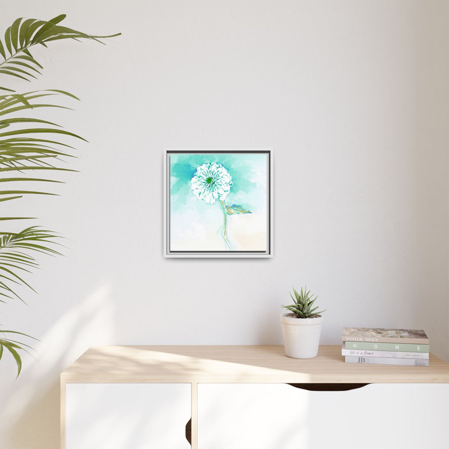 Zinnia Color Splash Matte Canvas Green Aqua Framed