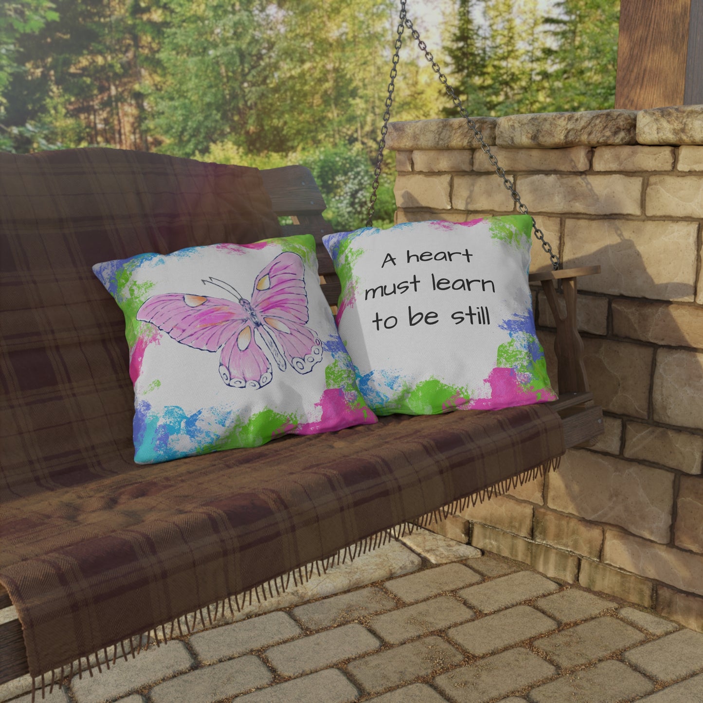Butterfly Swing Outdoor Pillow A heart must learn to be still