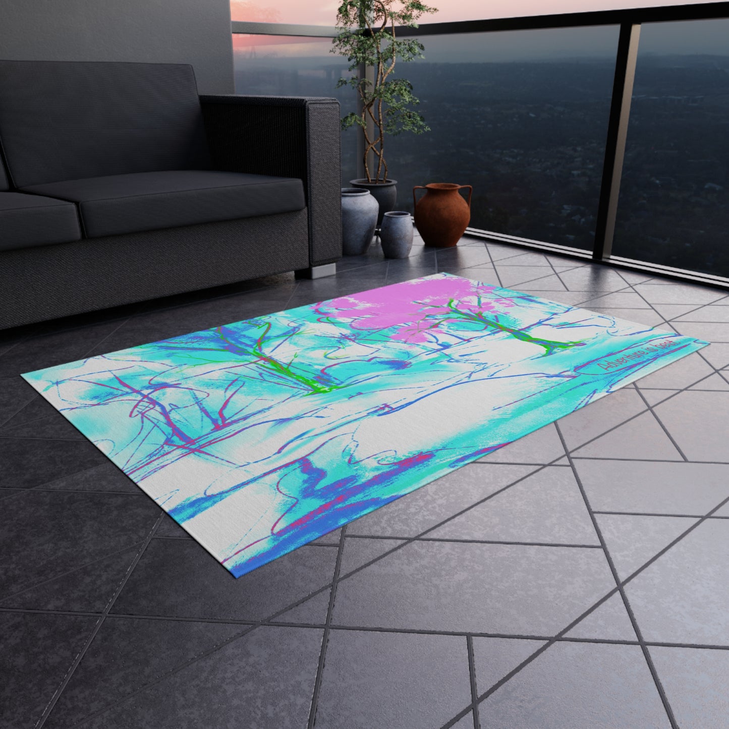 Inspirational Landscapes Indoor/Outdoor Area Rug, "Adventure Is Best", Blue, Aqua, and Lilac