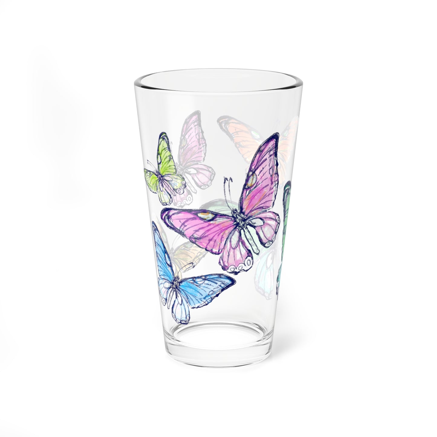 Blossom Whirl  Pint Glass 16oz, Largest Butterfly is Blue green
