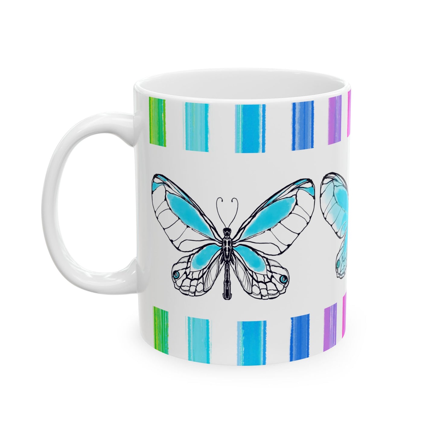 Butterfly Rainbow Stripe Ceramic Mug in Aqua with Multi-color Striped Border, (Available in 2 sizes 11oz and 15oz)