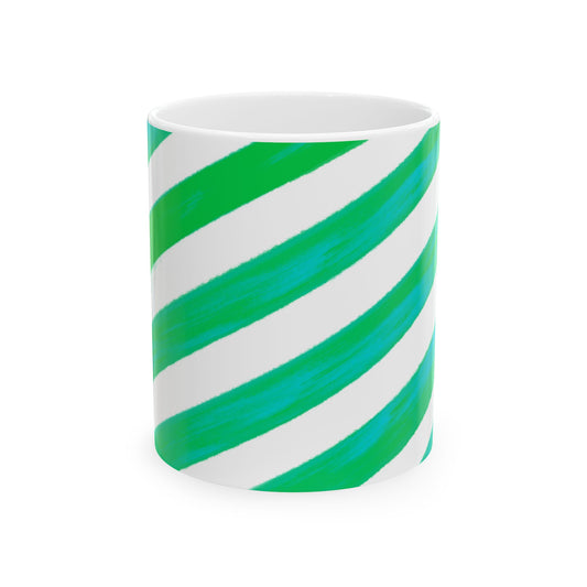 Diagonal Stripe Ceramic Mug in Green Aqua, 11oz