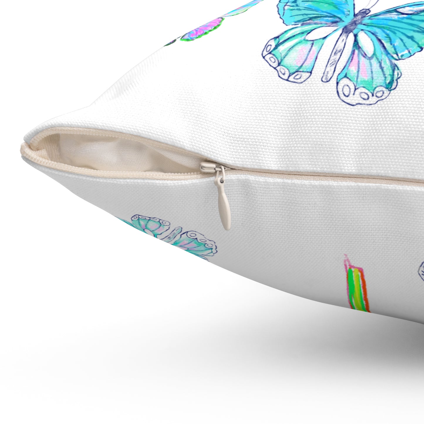 Dancing Tulips Butterflies Spun Polyester Square Pillow. Multi-Color Butterflies, Aqua Tulip