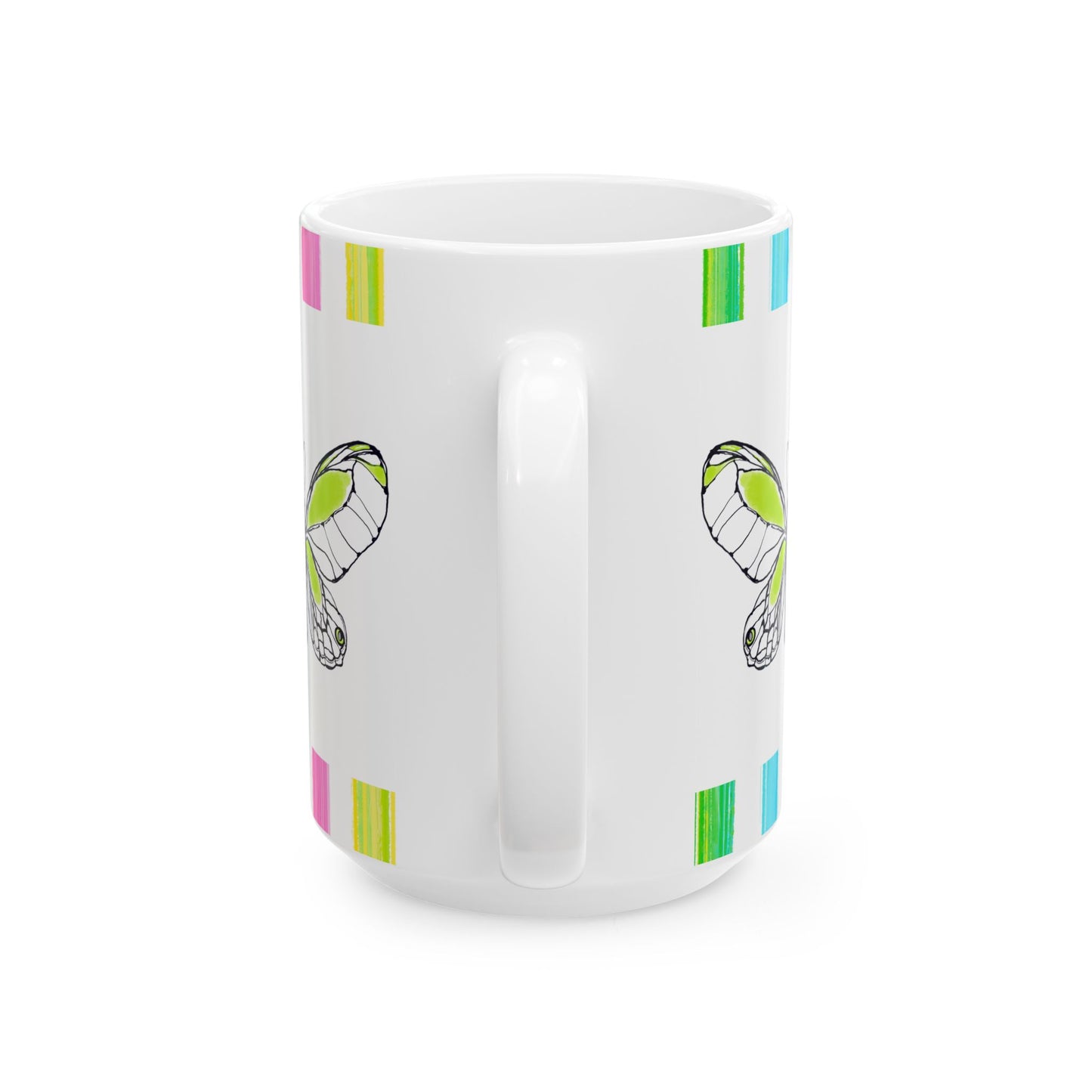 Butterfly Rainbow Stripe Ceramic Mug in Lime with Multi-color Striped Border, (Available in 2 sizes 11oz and 15oz)