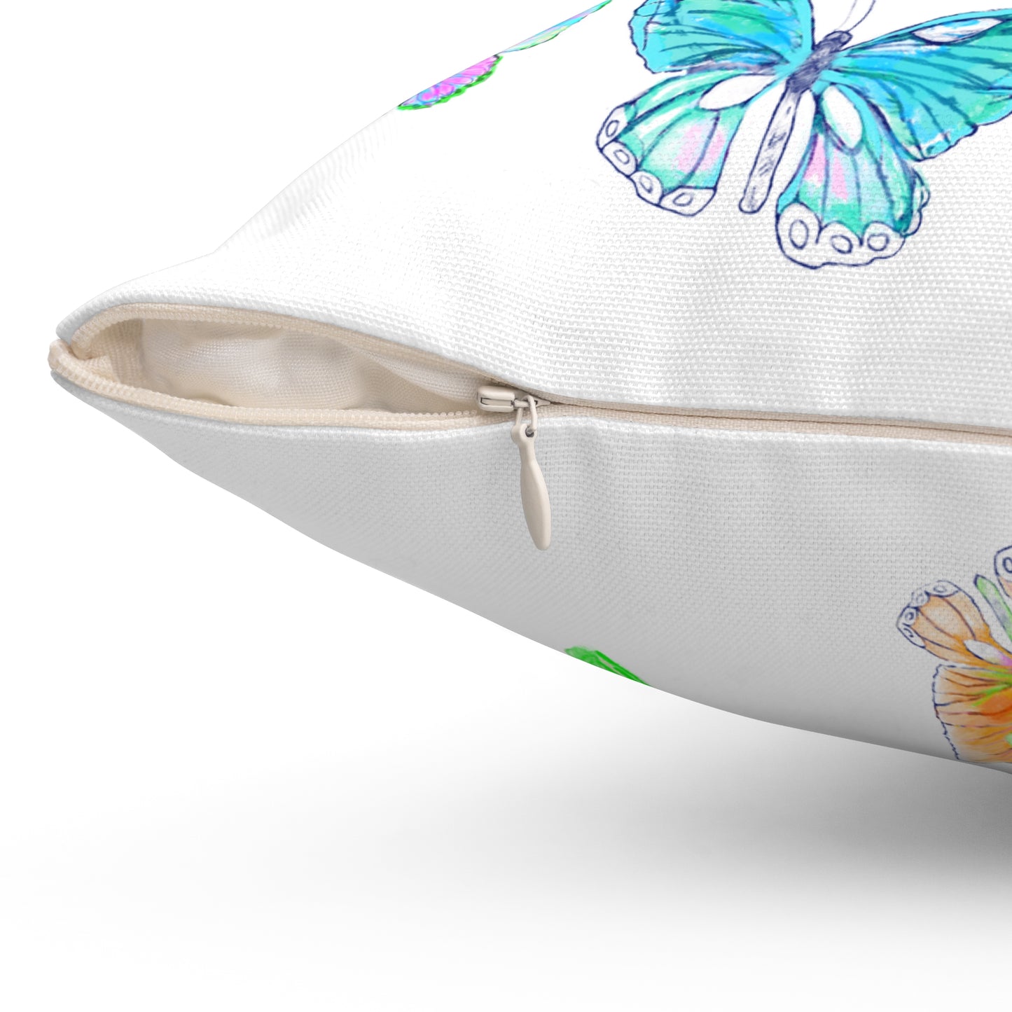 Dancing Tulips Butterflies Spun Polyester Square Pillow. Multi-Color Butterflies, Raspberry Tulip