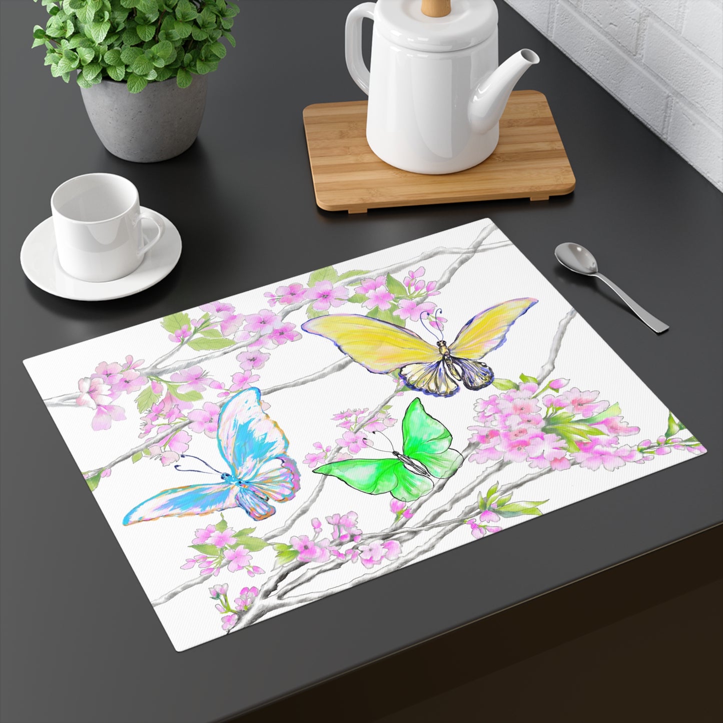 Butterfly Blossom Whirl Cotton Placemat, 1pc yellow, Background Creamier White), #9