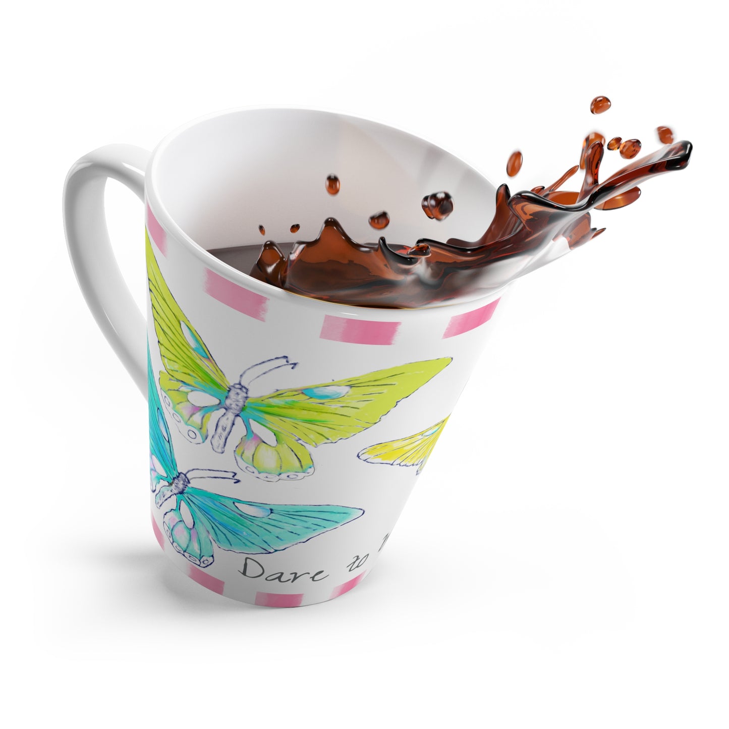 Butterfly Swing Latte Mug Aqua, Pink, Orange, Yellow Butterflies, Pink Stripe “Dare to be Brave”