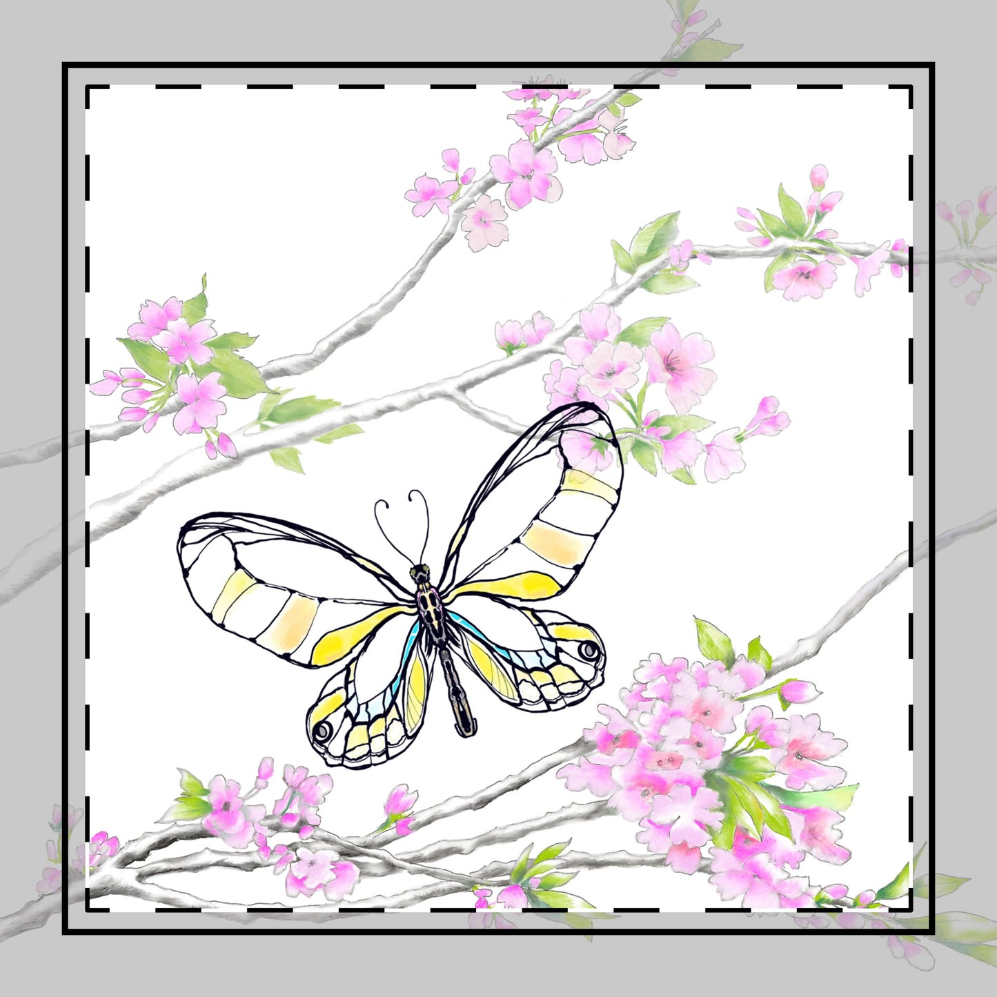 Butterfly Blossom Romp Cotton Twill Napkin , Yellow, Fabric Background Creamy White, #9