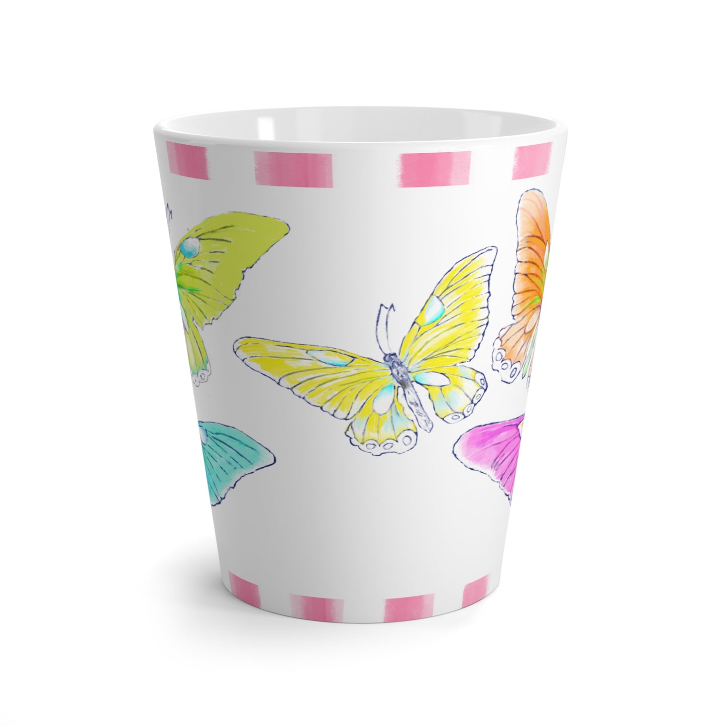 Butterfly Swing Latte Mug Aqua, Pink, Orange, Yellow Butterflies, Pink Stripe