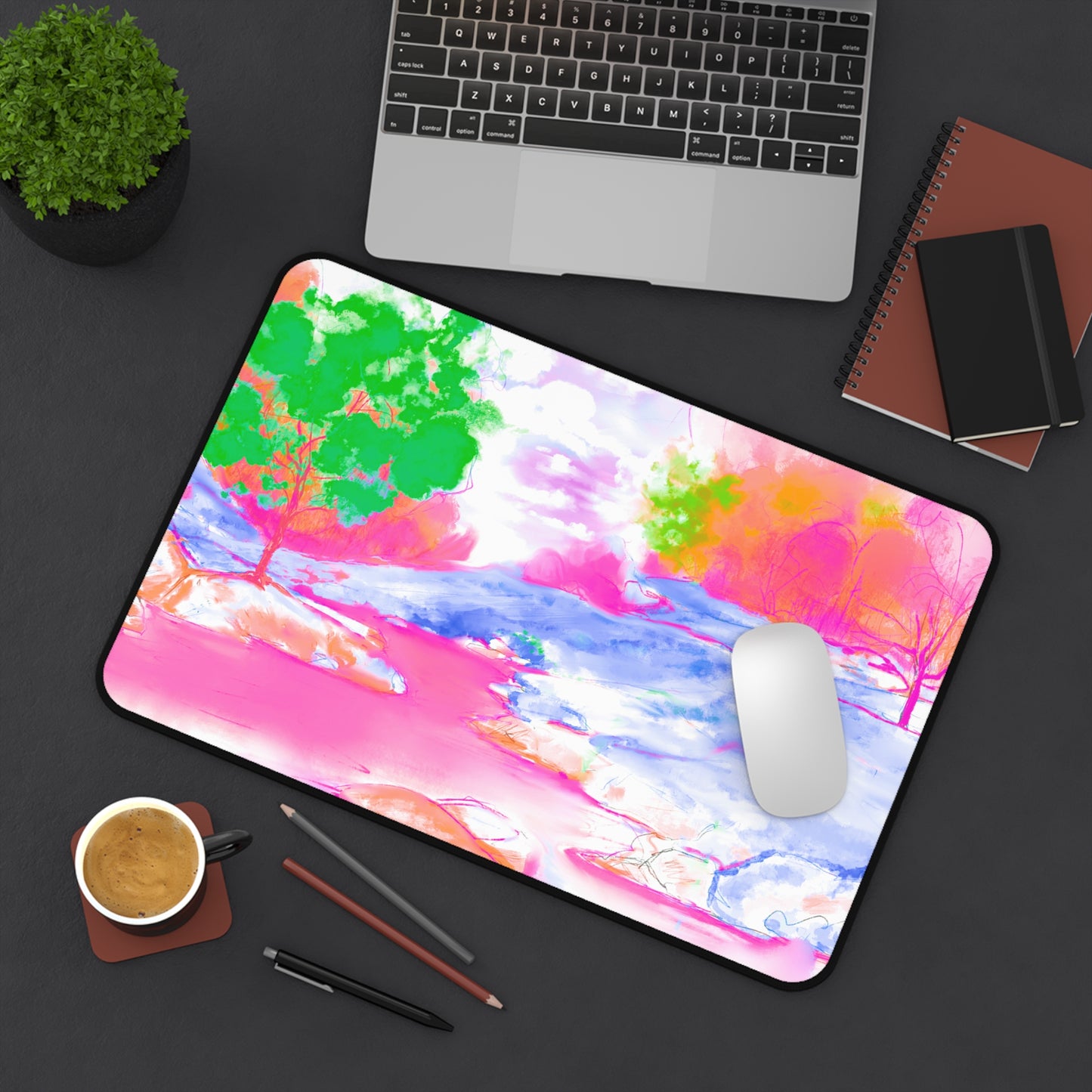 Joyful Landscapes Desk Mat, Pink, Green , Periwinkle