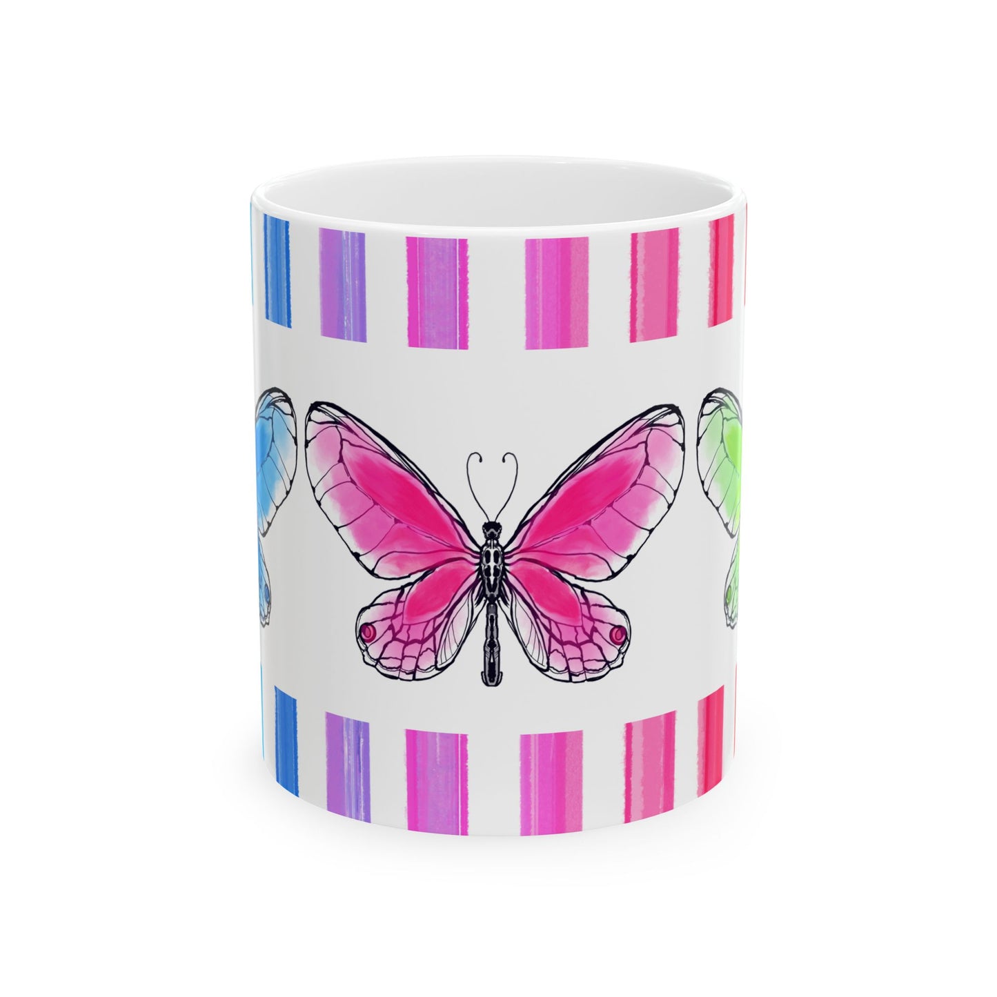 Butterfly Rainbow Stripe Ceramic Mug in Blue, Pink, and Green with Multi-color Striped Border, (Available in 2 sizes 11oz and 15oz)