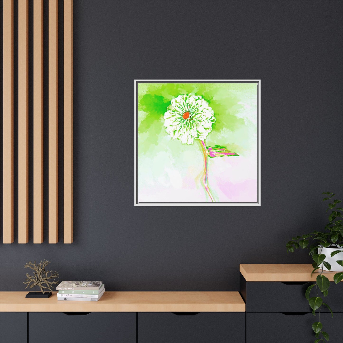 Zinnia Color Splash Matte Canvas Yellow Green Framed