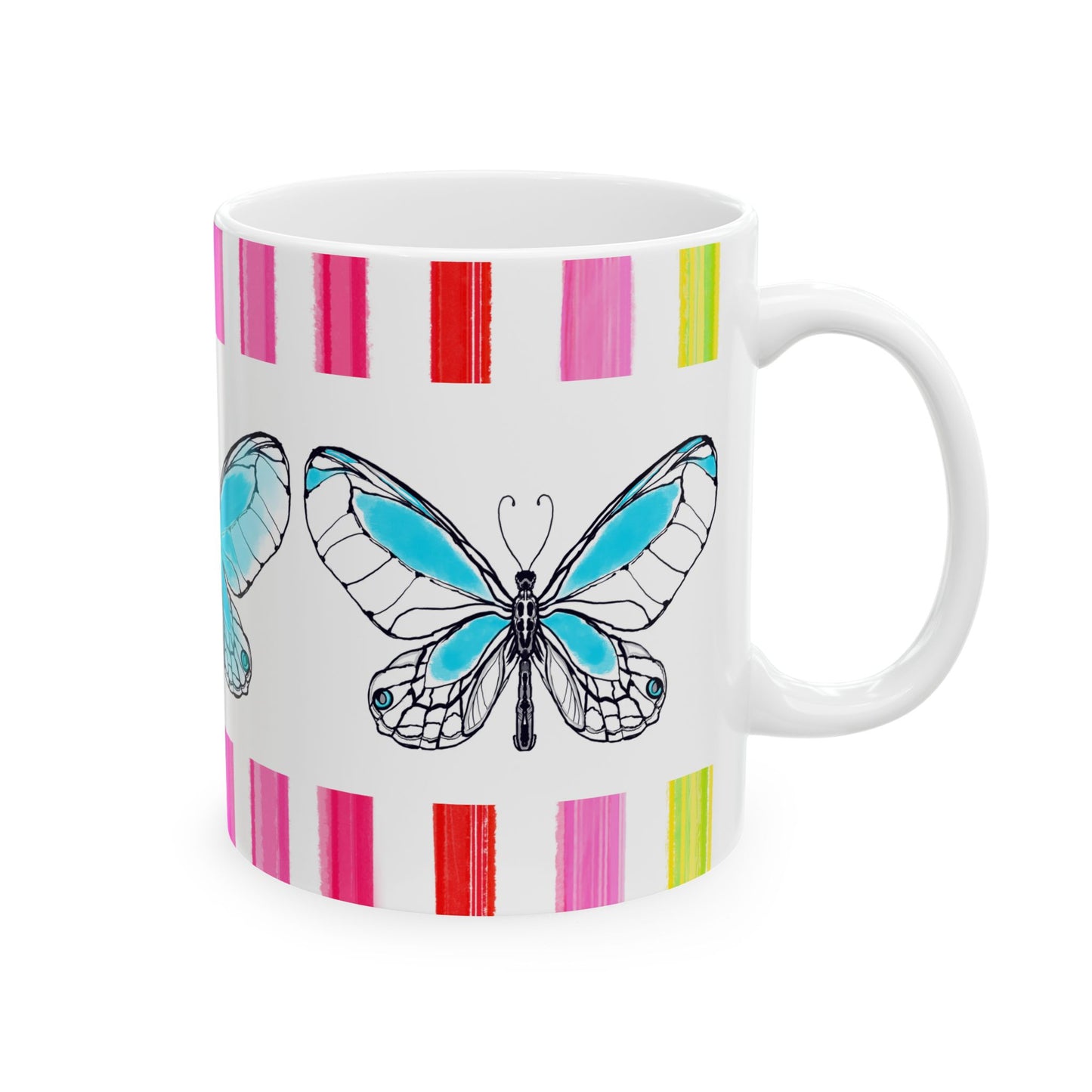 Butterfly Rainbow Stripe Ceramic Mug in Aqua with Multi-color Striped Border, (Available in 2 sizes 11oz and 15oz)