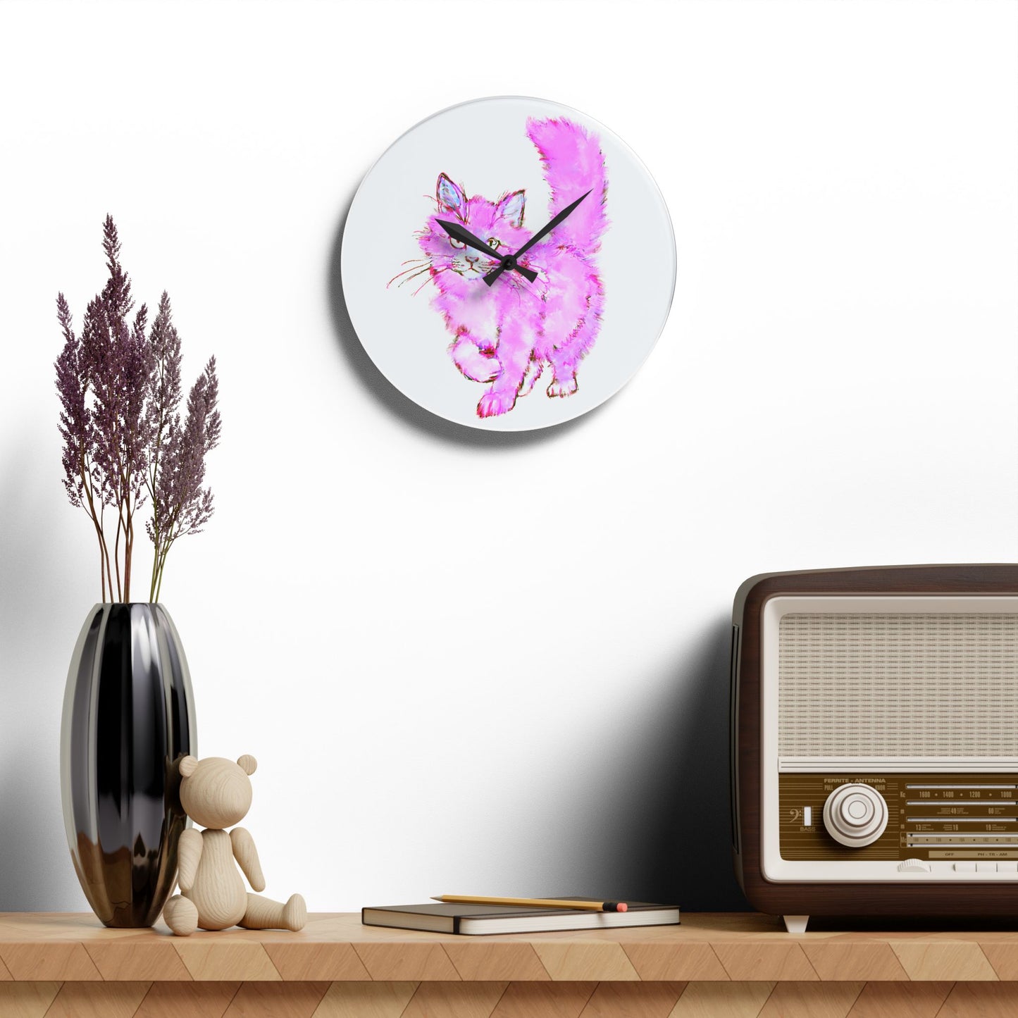 Colorful Cats & Dogs Wall Clock in Pink