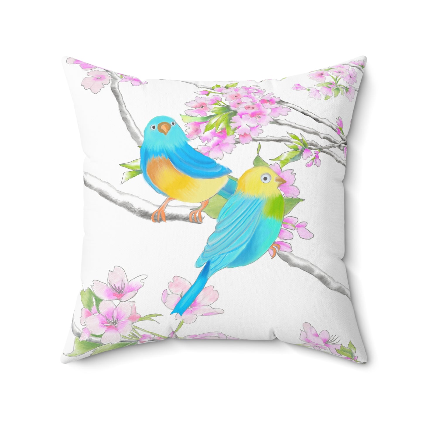 Cherry Chirp Spun Polyester Square Pillow Yellow, Blue Birds