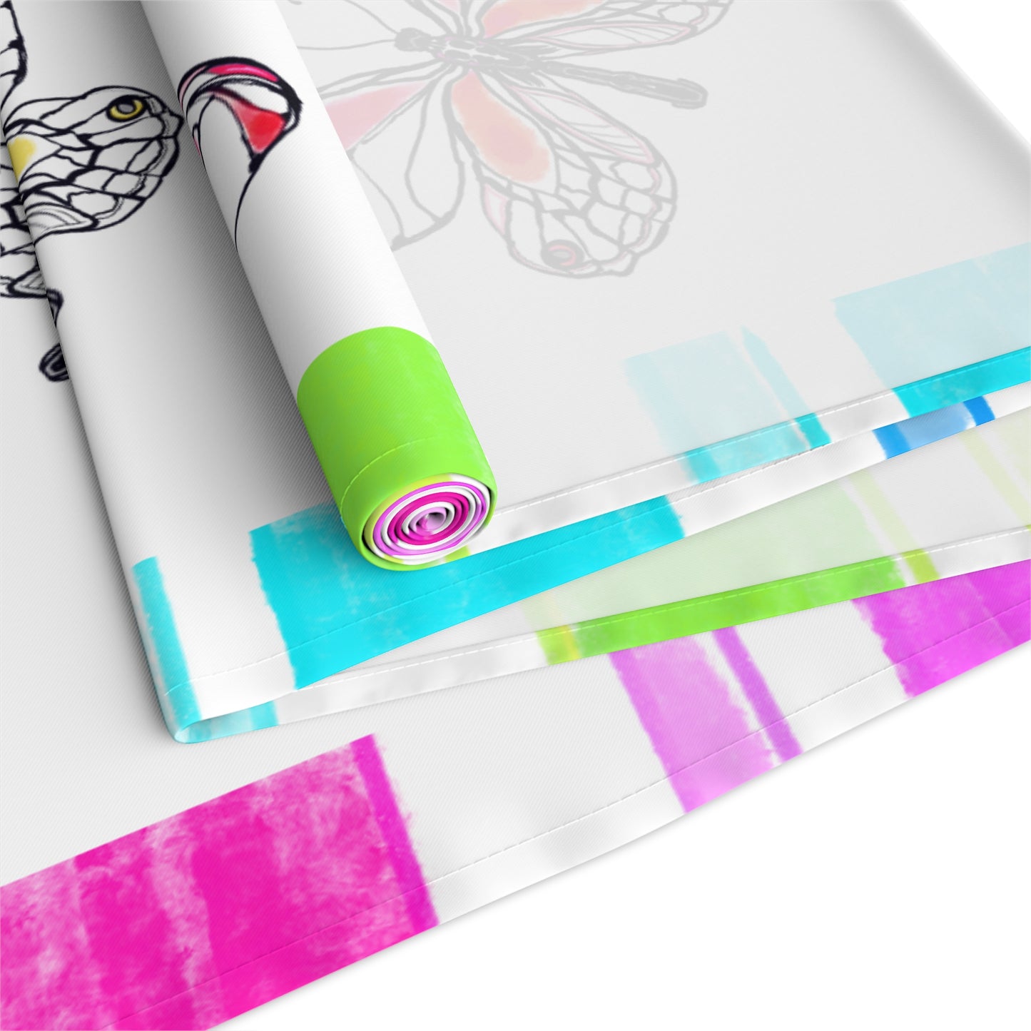 Butterfly Flutterstripe Table Runner in Multi-color With Pink, Blue, Green Border 1 size ( 16" × 90")  (available in Cotton (Creamier) & Polyester (Whiter)