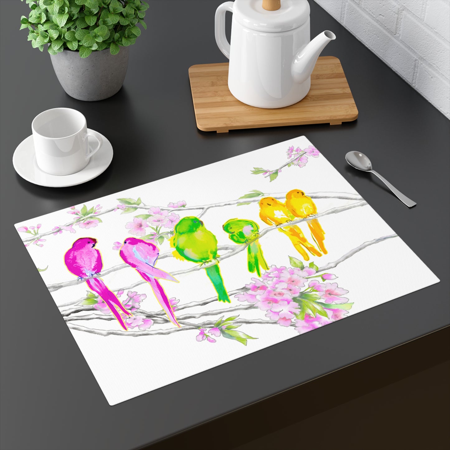 Blossoms & Birds In Raspberry, Green & Yellow Placemat, 1pc (18" × 14"), Cotton, Creamy White Background, #4 Right  Side of Table