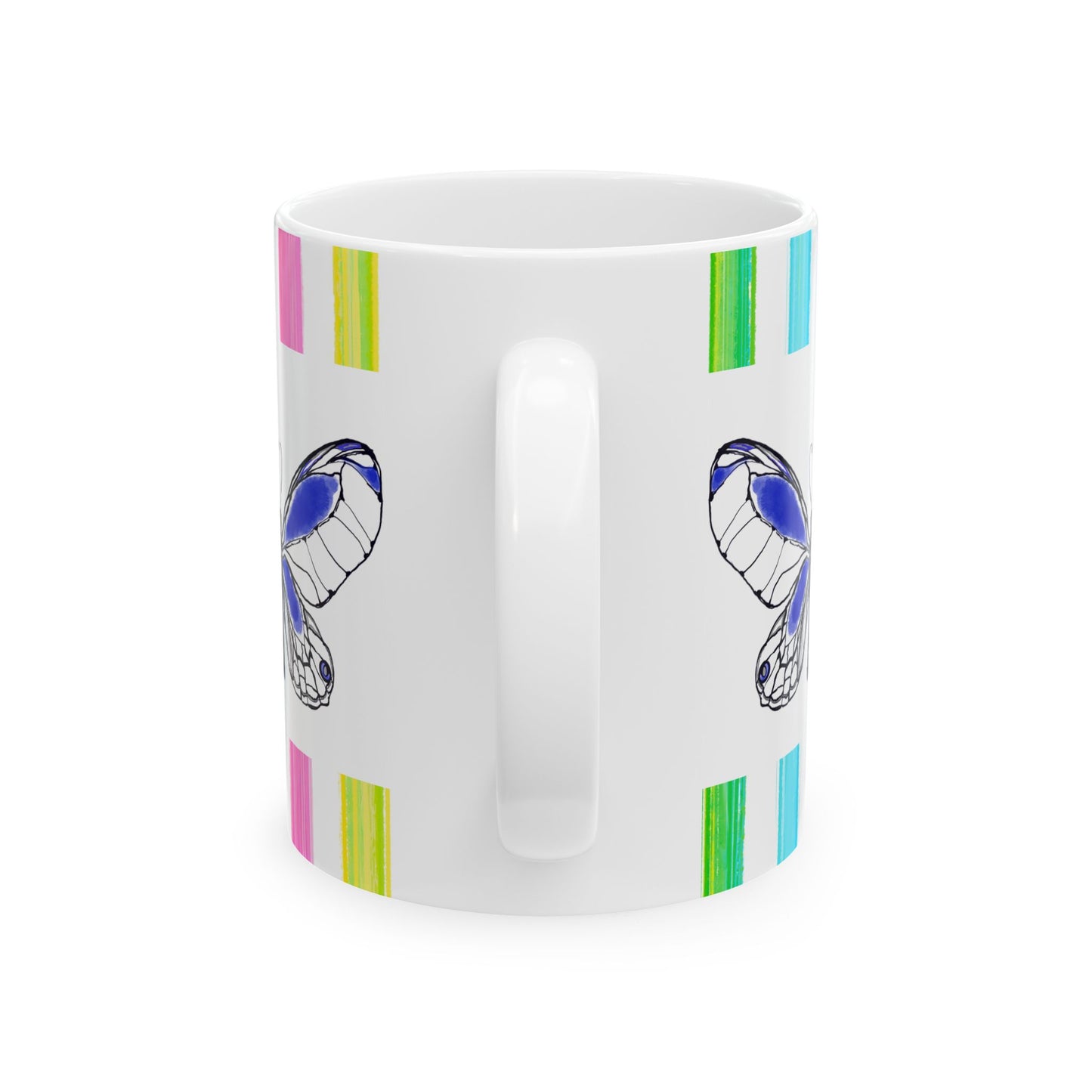 Butterfly Rainbow Stripe Ceramic Mug in Royal Blue with Multi-color Striped Border, (Available in 2 sizes 11oz and 15oz)