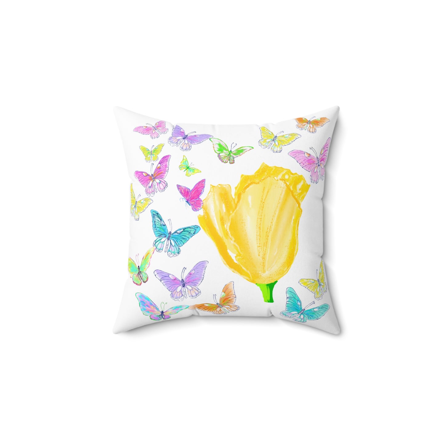 Dancing Tulips Butterflies Spun Polyester Square Pillow. Multi-Color Butterflies, Yellow Tulip