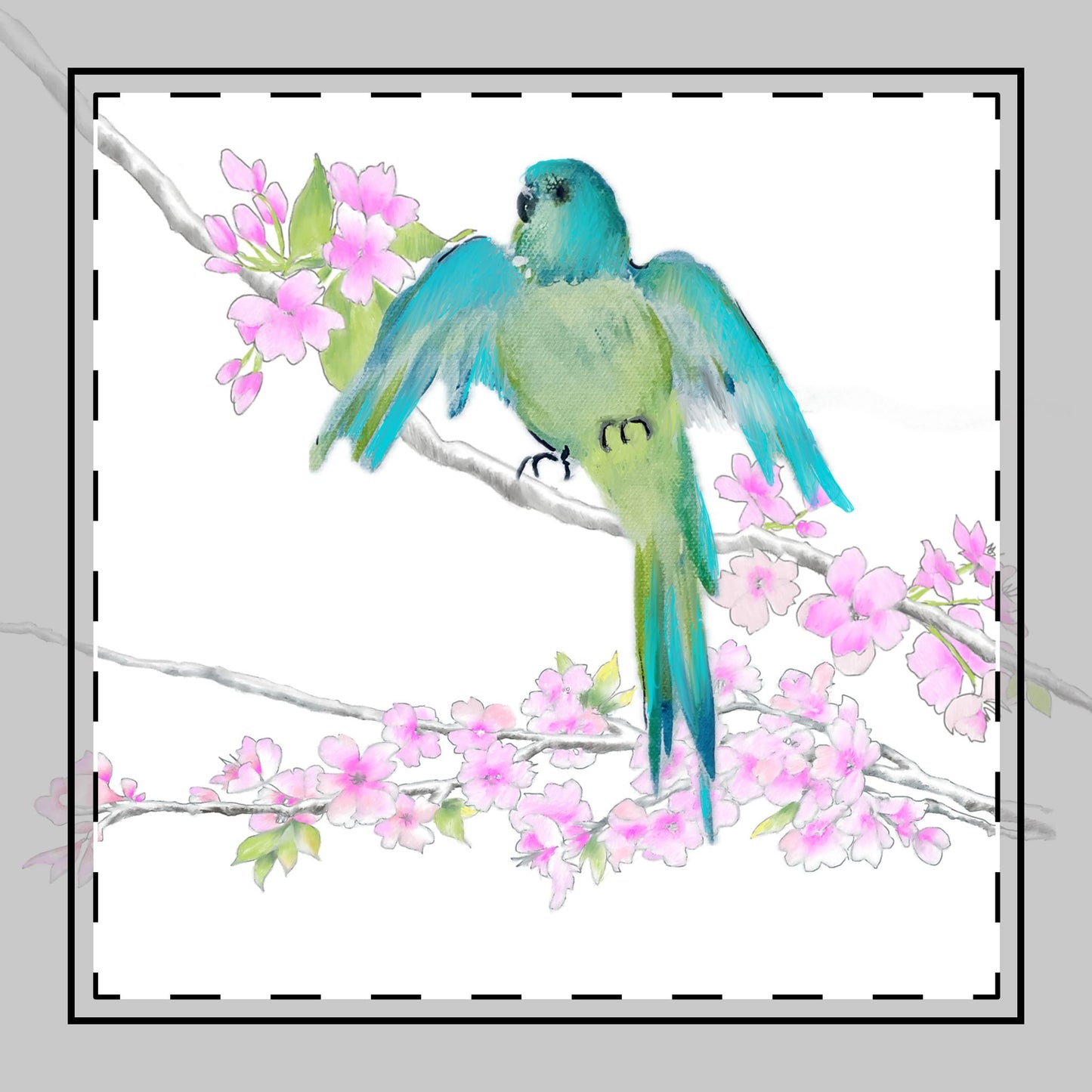 Blossoms & Birds in Blue-Green Poly Twill Napkin, Background Color Bright White