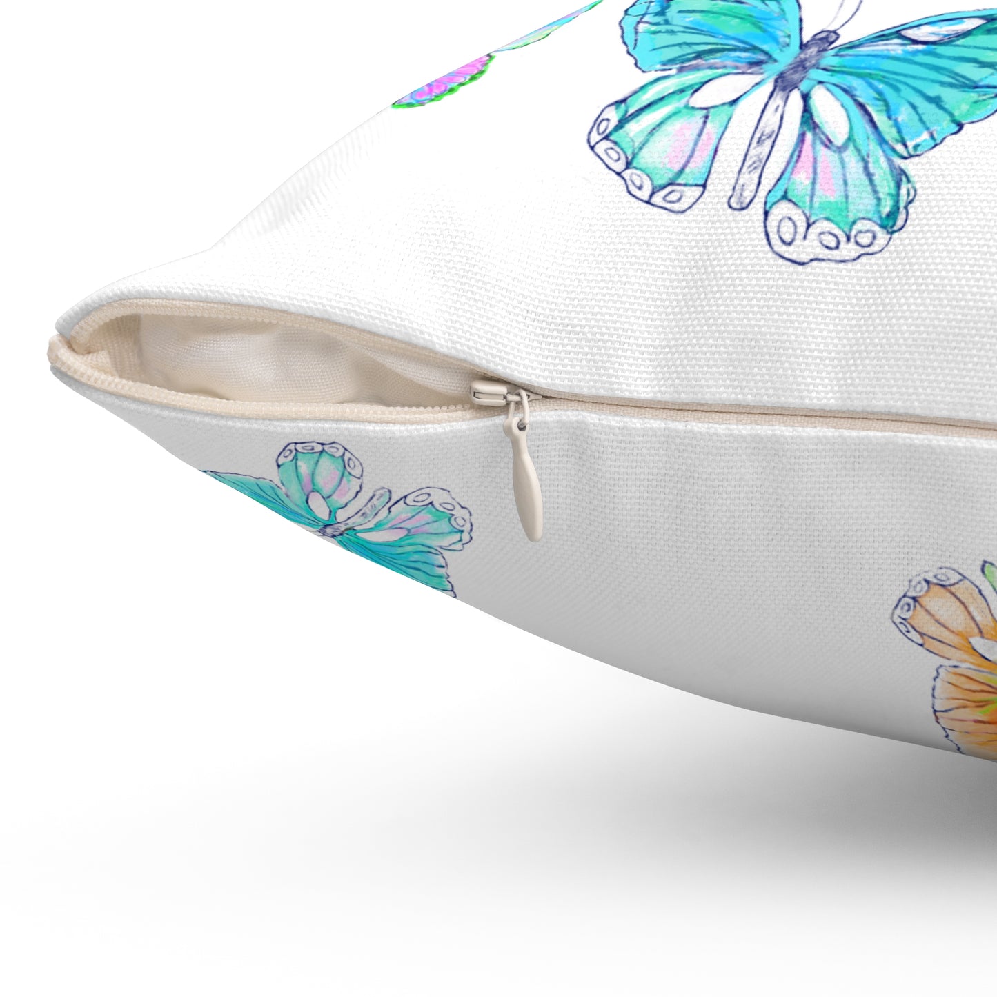 Dancing Tulips Butterflies Spun Polyester Square Pillow. Multi-Color Butterflies, Pink Tulip