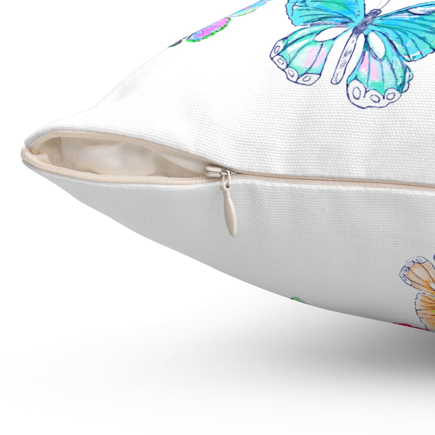 Dancing Tulips Butterflies Spun Polyester Square Pillow. Multi-Color Butterflies, Pink Tulip