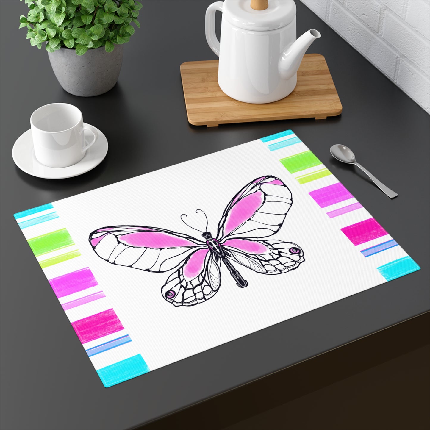 Butterfly Flutterstripe Placemat in Pink with Multi-color Stripe Border (1 pc) cotton