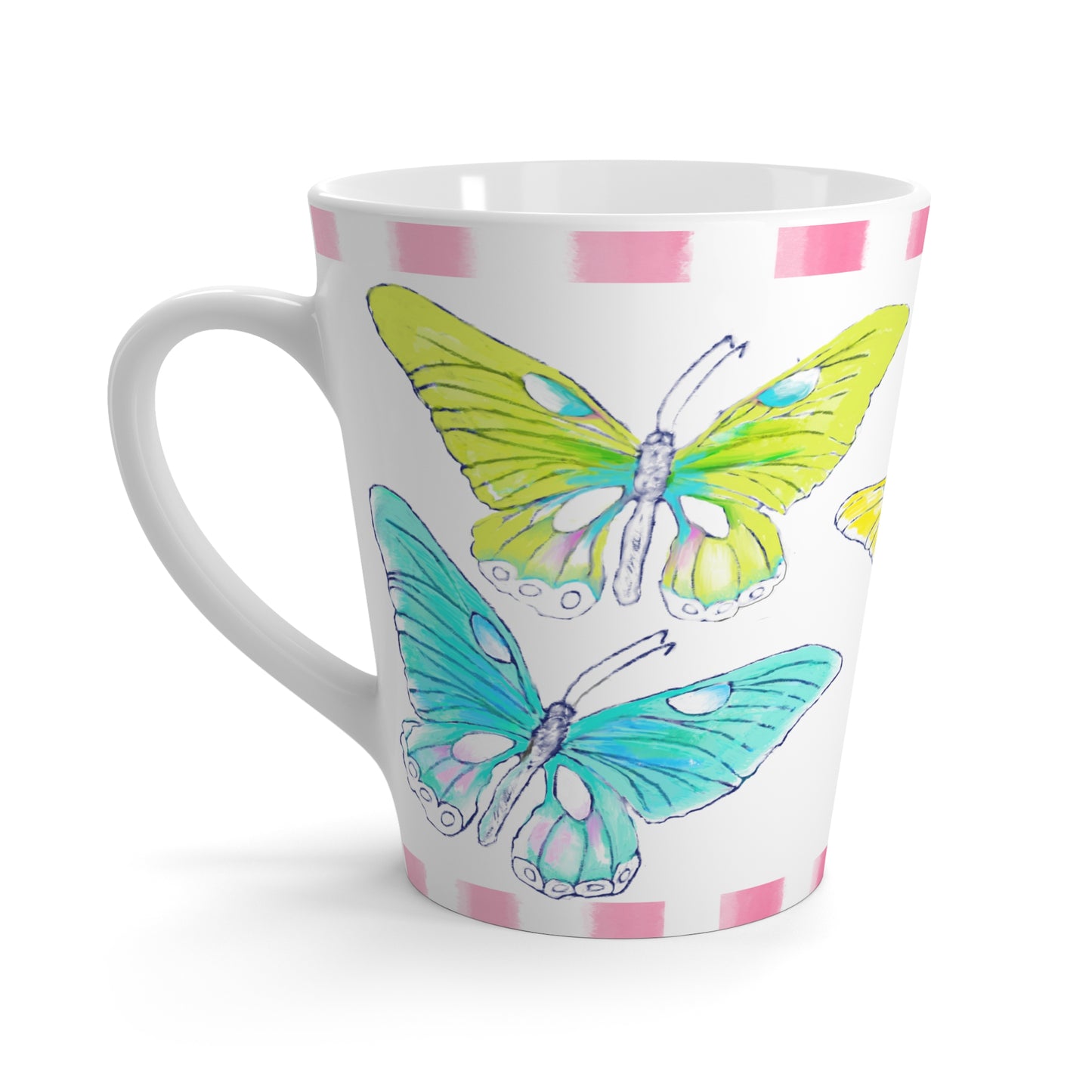 Butterfly Swing Latte Mug Aqua, Pink, Orange, Yellow Butterflies, Pink Stripe