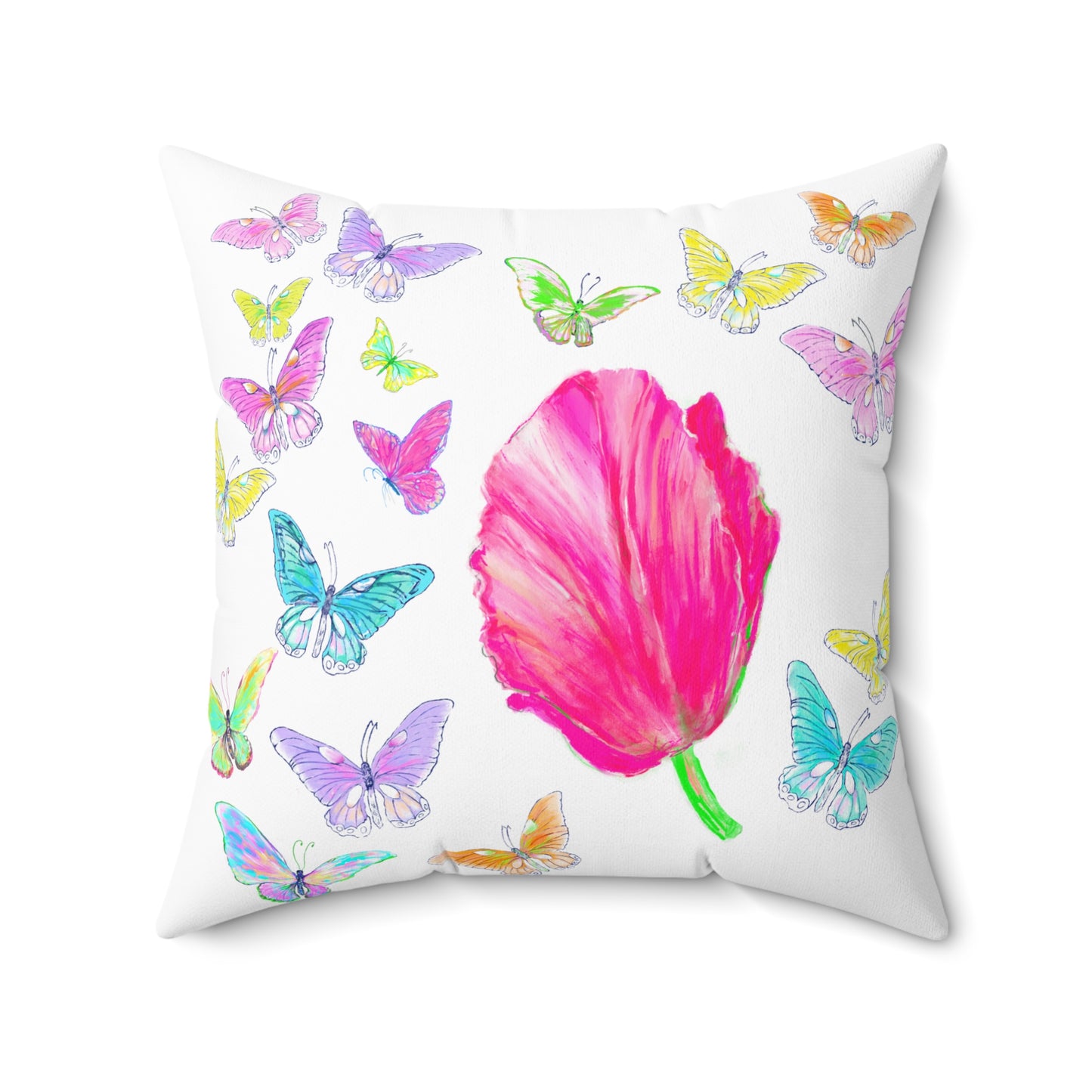 Dancing Tulips Butterflies Spun Polyester Square Pillow. Multi-Color Butterflies, Raspberry Tulip