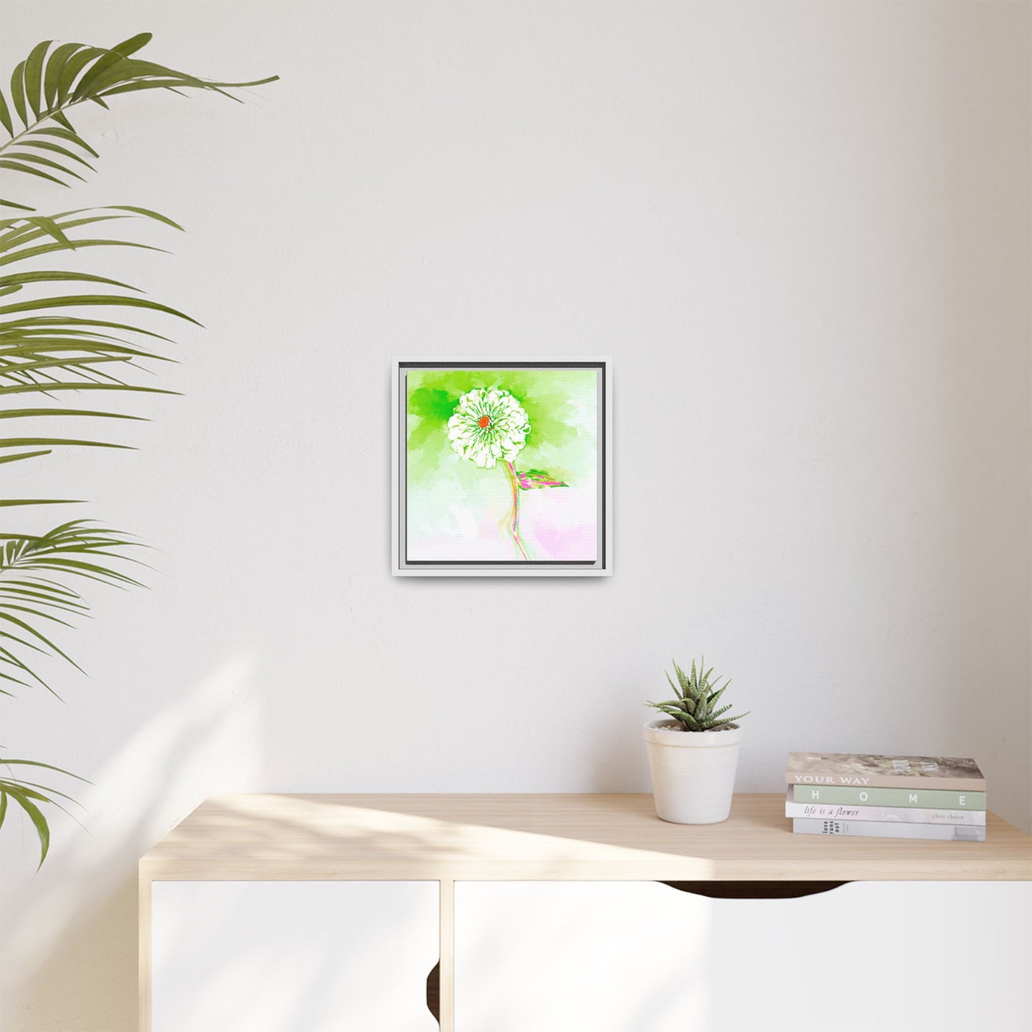 Zinnia Color Splash Matte Canvas Yellow Green Framed